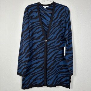 Chicos size 2 Large long cardigan sweater navy zebra print double knit NWT